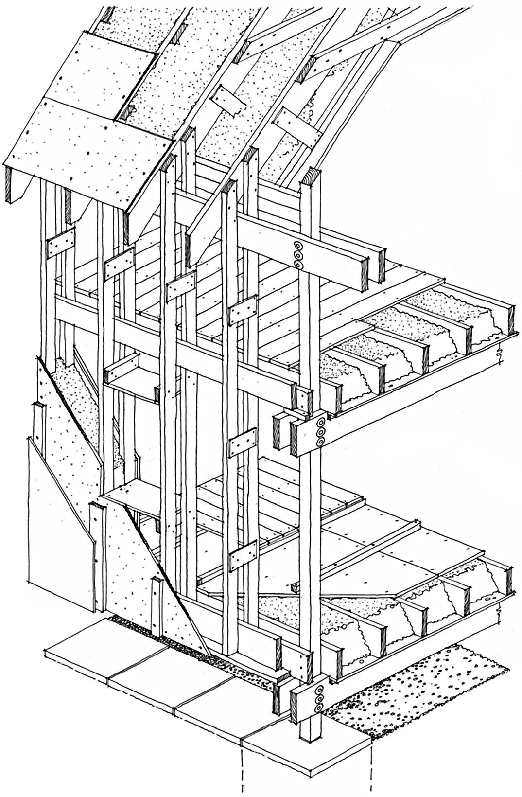 Architectural blueprint of a wooden framed building structure, showing detailed structural support and floor levels.
